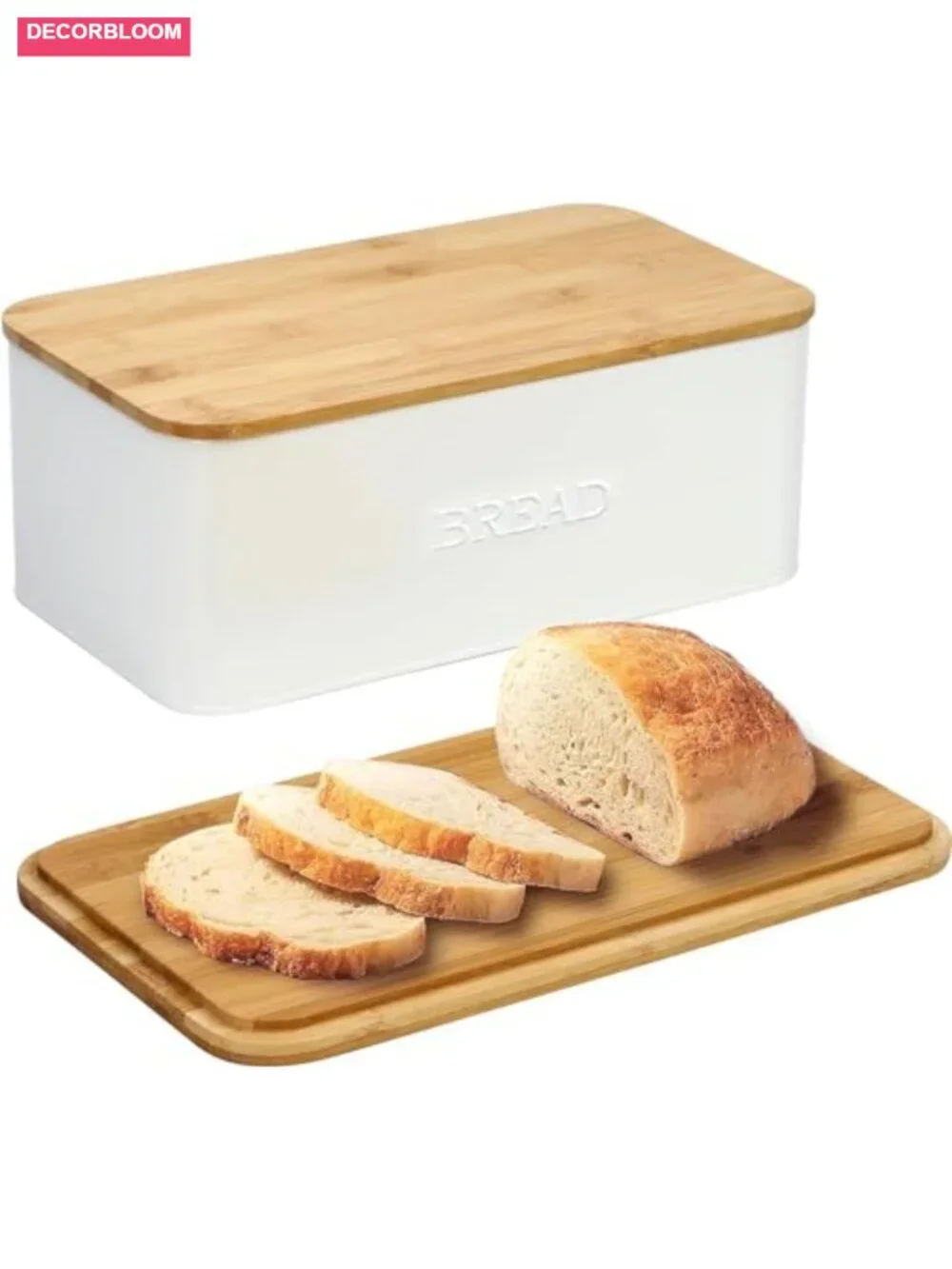 White Bread Box with Bamboo Cutting Board Lid, Stainless Steel Kitchen Storage